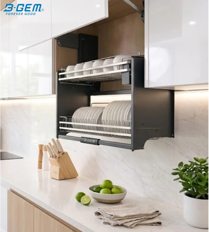 KỆ BÁT ĐĨA NÂNG HẠ THÔNG MINH - NAN DẸT INOX 304 BGKC01