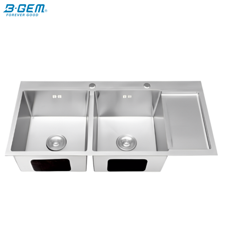 B-Gem - KS_2H - CHẬU 2 HỘC CÁNH INOX 304 KHÔNG SƠN DÀY 3.5MM